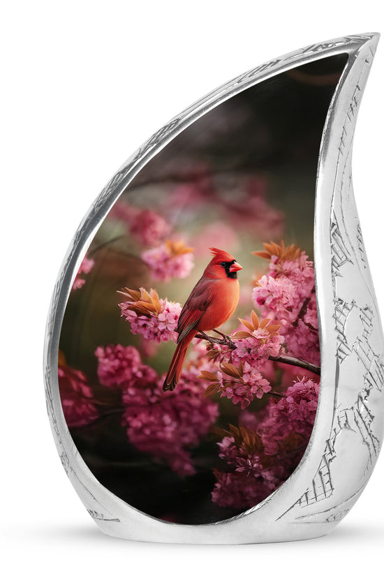 Pink Floral Cardinal Cremation Urn - Decorative Memorial Urn For Burial