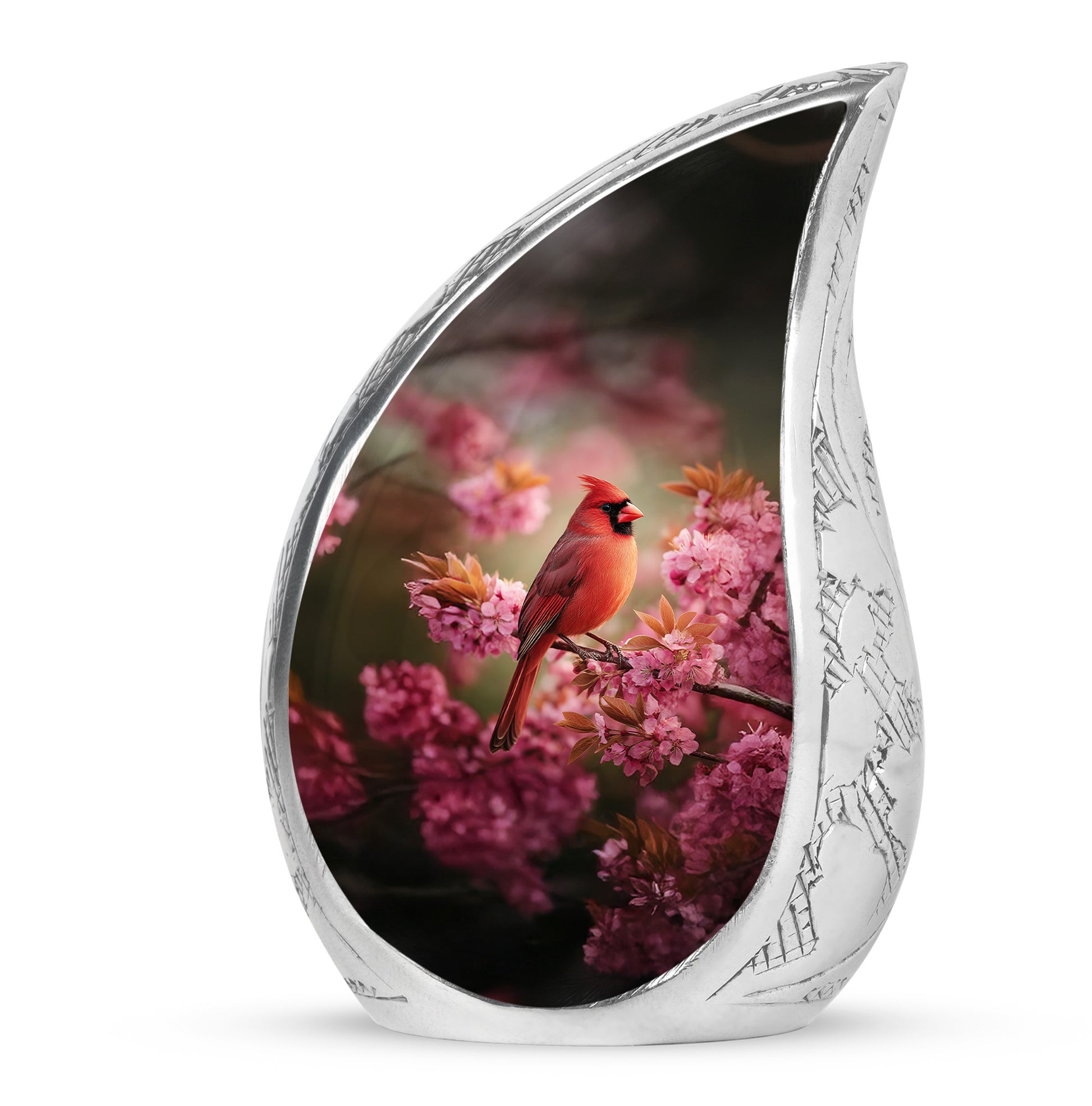 Pink Floral Cardinal Cremation Urn - Decorative Memorial Urn For Burial