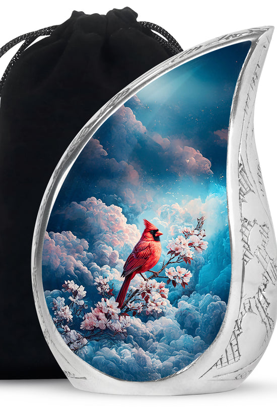 Red Cardinal Bird Cremation Urn - Beautiful Cherry Blossom Funeral Urn For Burial