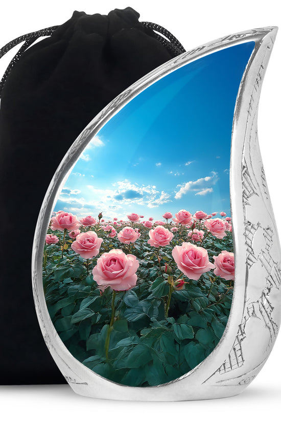 Pink Rose Field Memorial Urn - Blue Sky Cremation Urn For Loved Ones