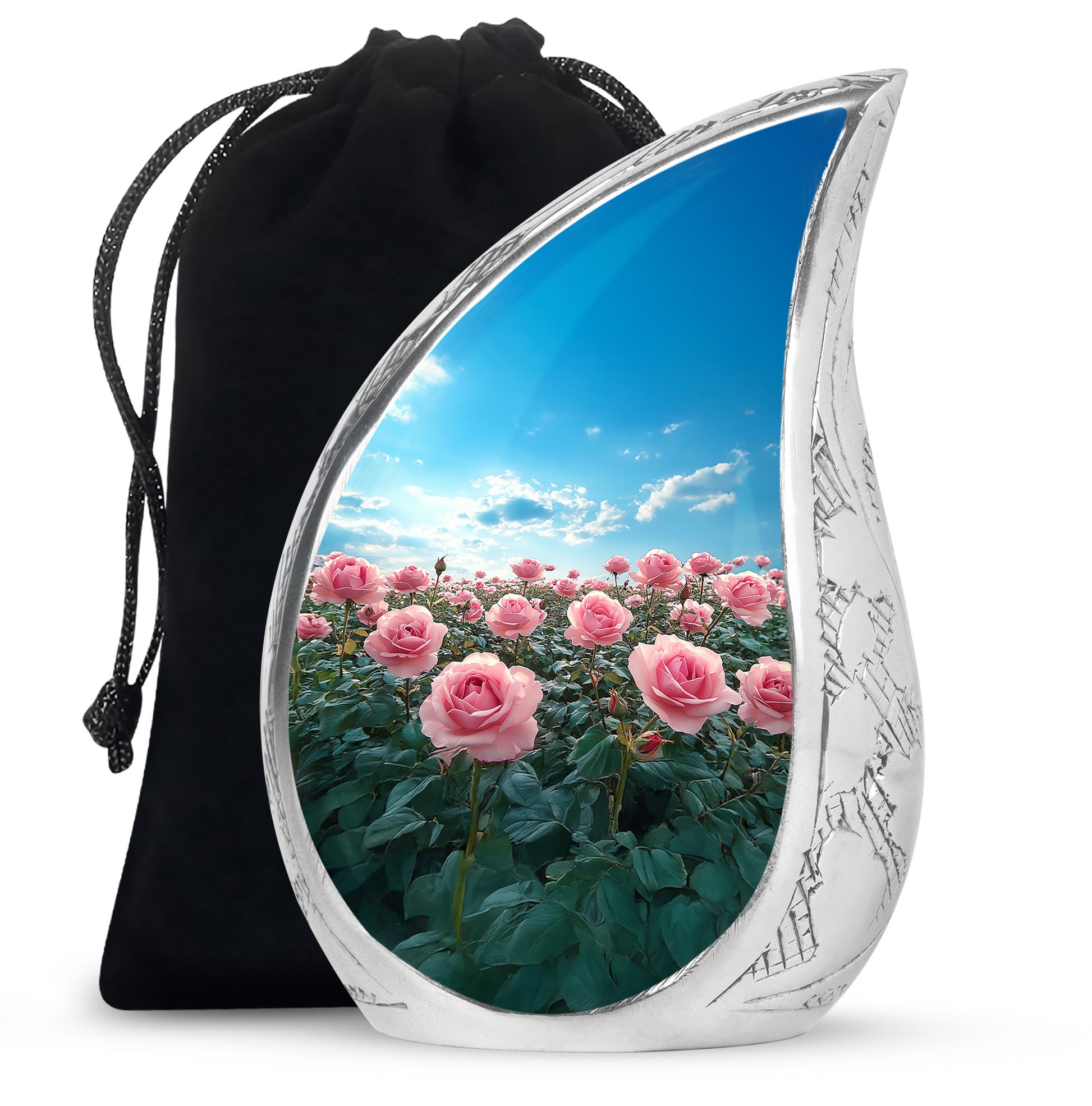 Pink Rose Field Memorial Urn - Blue Sky Cremation Urn For Loved Ones