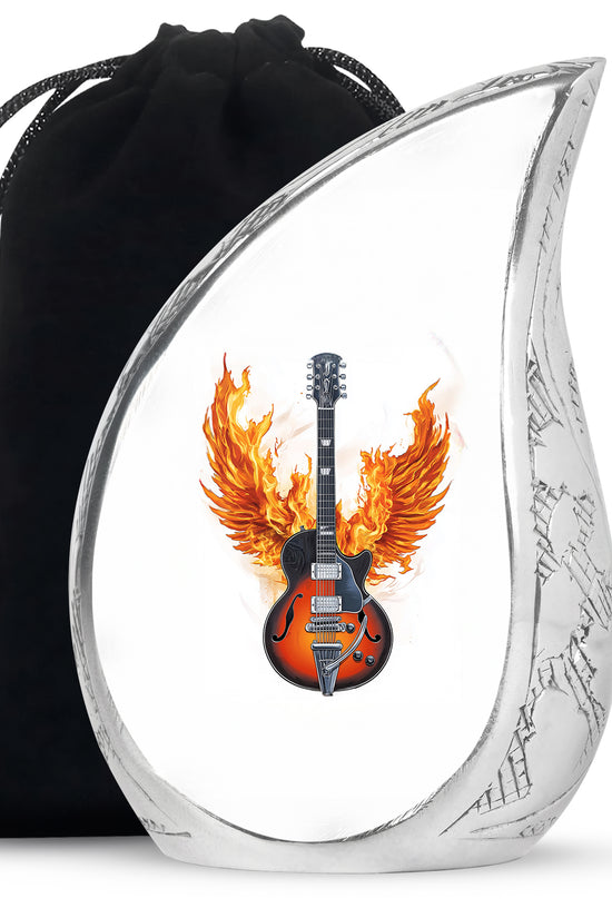 White flaming Guitar Urn - Beautiful Cremation Urns For Human Ashes