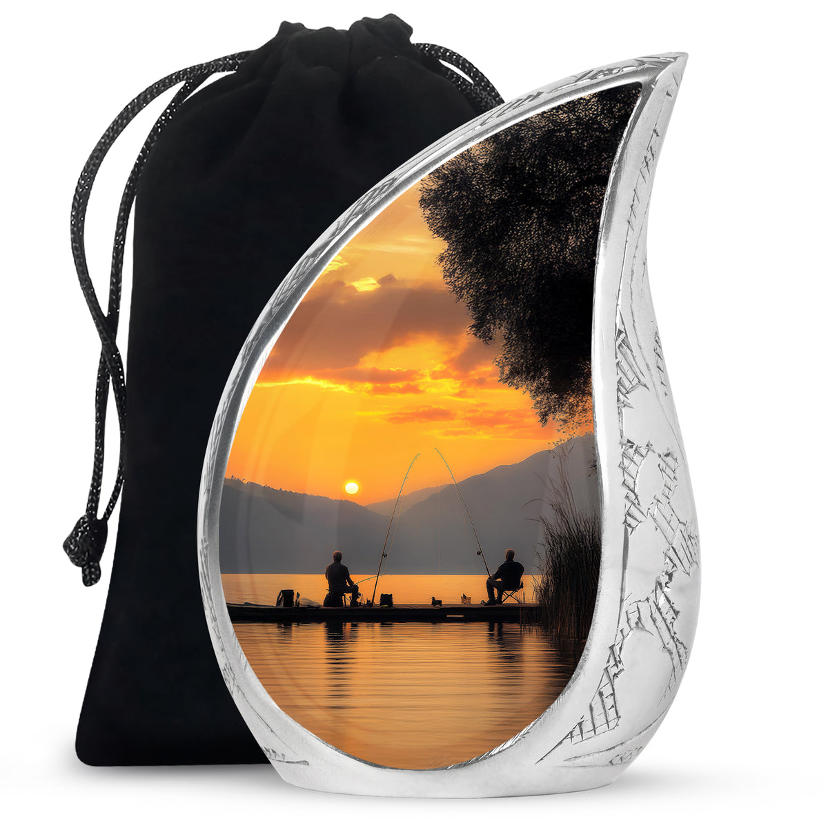 Fishing Buddy Memorial Cremation Urn - Handmade Golden Sunset Lake Urn For Human Ashes