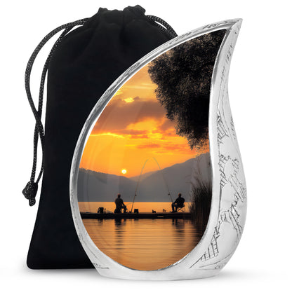 Fishing Buddy Memorial Cremation Urn - Handmade Golden Sunset Lake Urn For Human Ashes