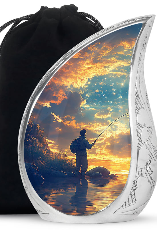 Lakeside Fisherman Silhouette Urn - Blue Sky Memorial Urn For Human Ashes