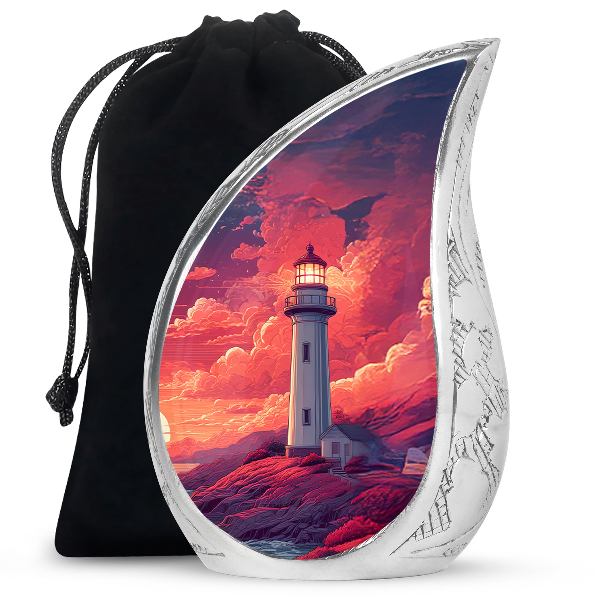 Red Sunset Ocean Lighthouse Urn - Beautiful Memorial Urn For Loved Ones