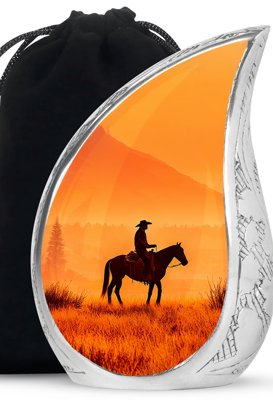 Sunset Cowboy Silhouette Urn - Orange Memorial Urn For Human Ashes