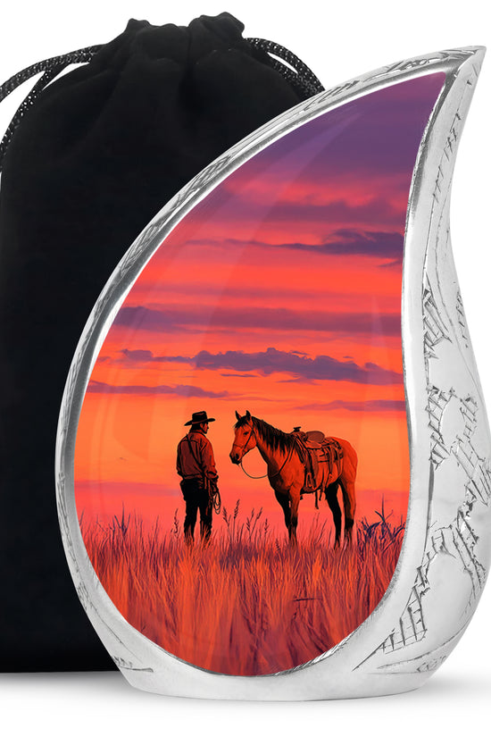 Cowboy Horse Field Memorial Urn - Sunset Cremation Urn For Dad Ashes