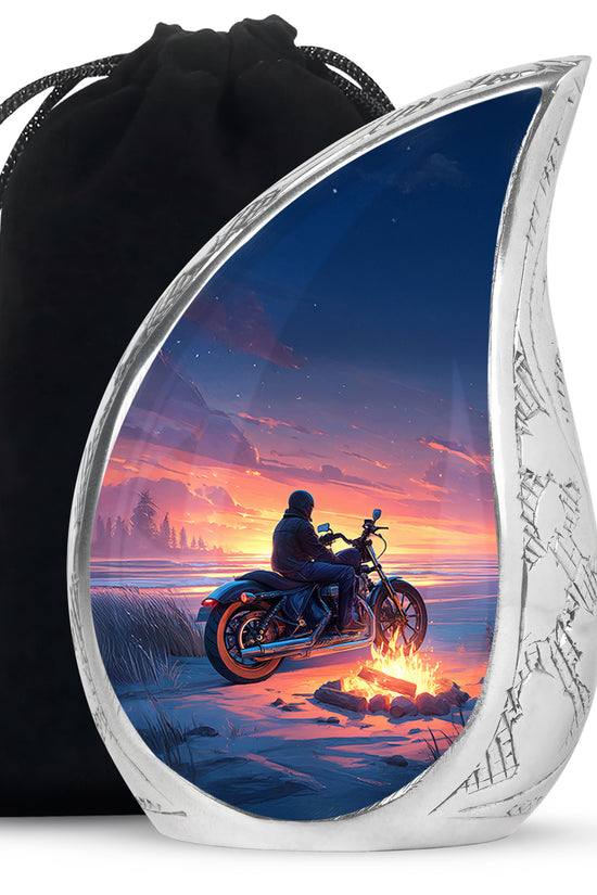 Sunset Motorcycle Rider Cremation Urn - Bonfire Funeral Urn For Loved Ones