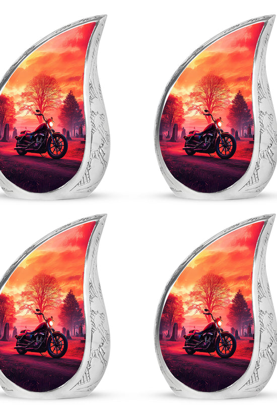 Fiery Red Bike Cremation Urn close-up of engraving and surface detail - graceful tear-shaped urn with bike motif - 10 inch aluminum urn for cremated remains