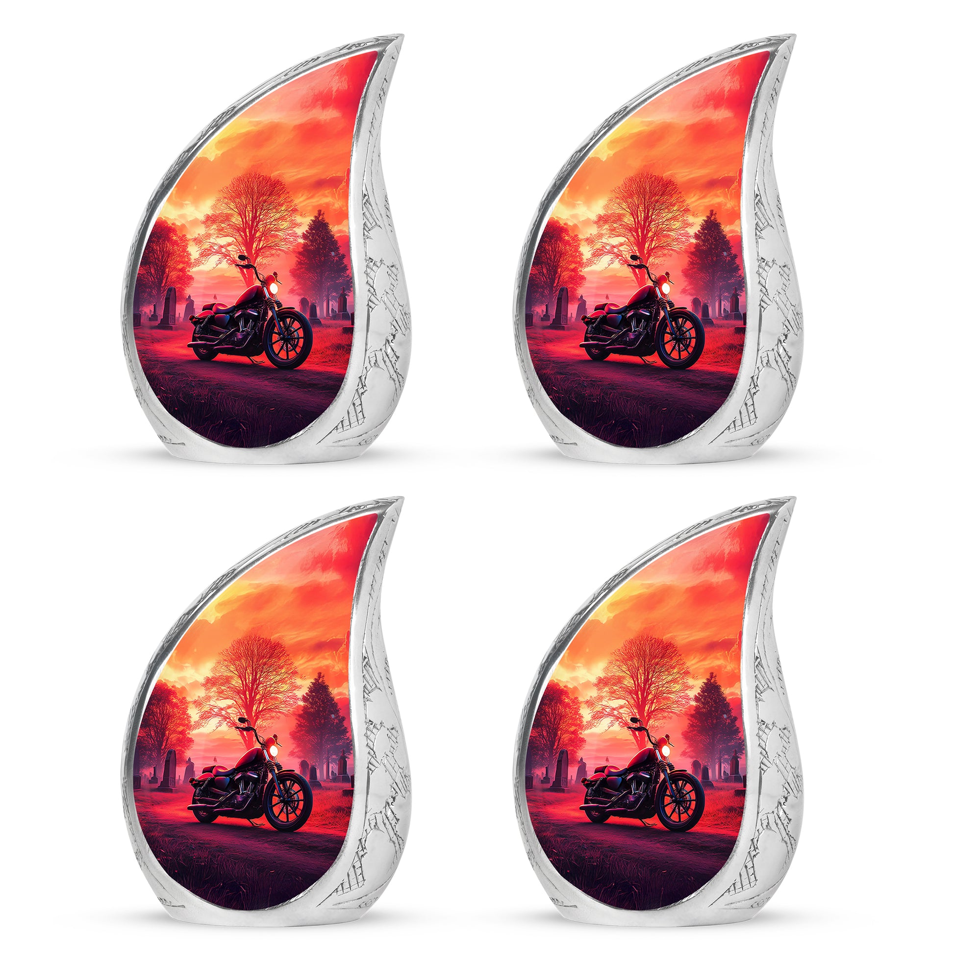 Fiery Red Bike Cremation Urn close-up of engraving and surface detail - graceful tear-shaped urn with bike motif - 10 inch aluminum urn for cremated remains