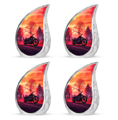 Fiery Red Bike Cremation Urn close-up of engraving and surface detail - graceful tear-shaped urn with bike motif - 10 inch aluminum urn for cremated remains