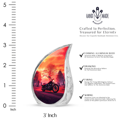 Ruby Red Bike Cremation Urn angled view of lid and engraved motif - graceful tear-shaped urn with bike motif - mini keepsake memorial for portion of cremation ashes