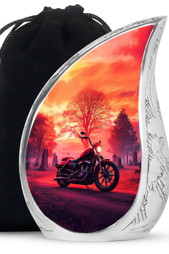 Scarlet Red Bike Cremation Urn front view showing detailed design - graceful tear-shaped urn with bike motif - full-size 10 inch 200 cubic inch adult cremation urn