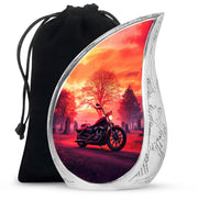 Scarlet Red Bike Cremation Urn front view showing detailed design - graceful tear-shaped urn with bike motif - full-size 10 inch 200 cubic inch adult cremation urn