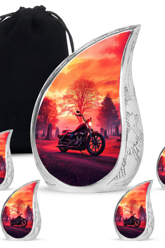 Wine Red Bike Cremation Urn side profile showing urn shape - flowing teardrop bike silhouette on curved aluminum - memorial set with one large and four small urns