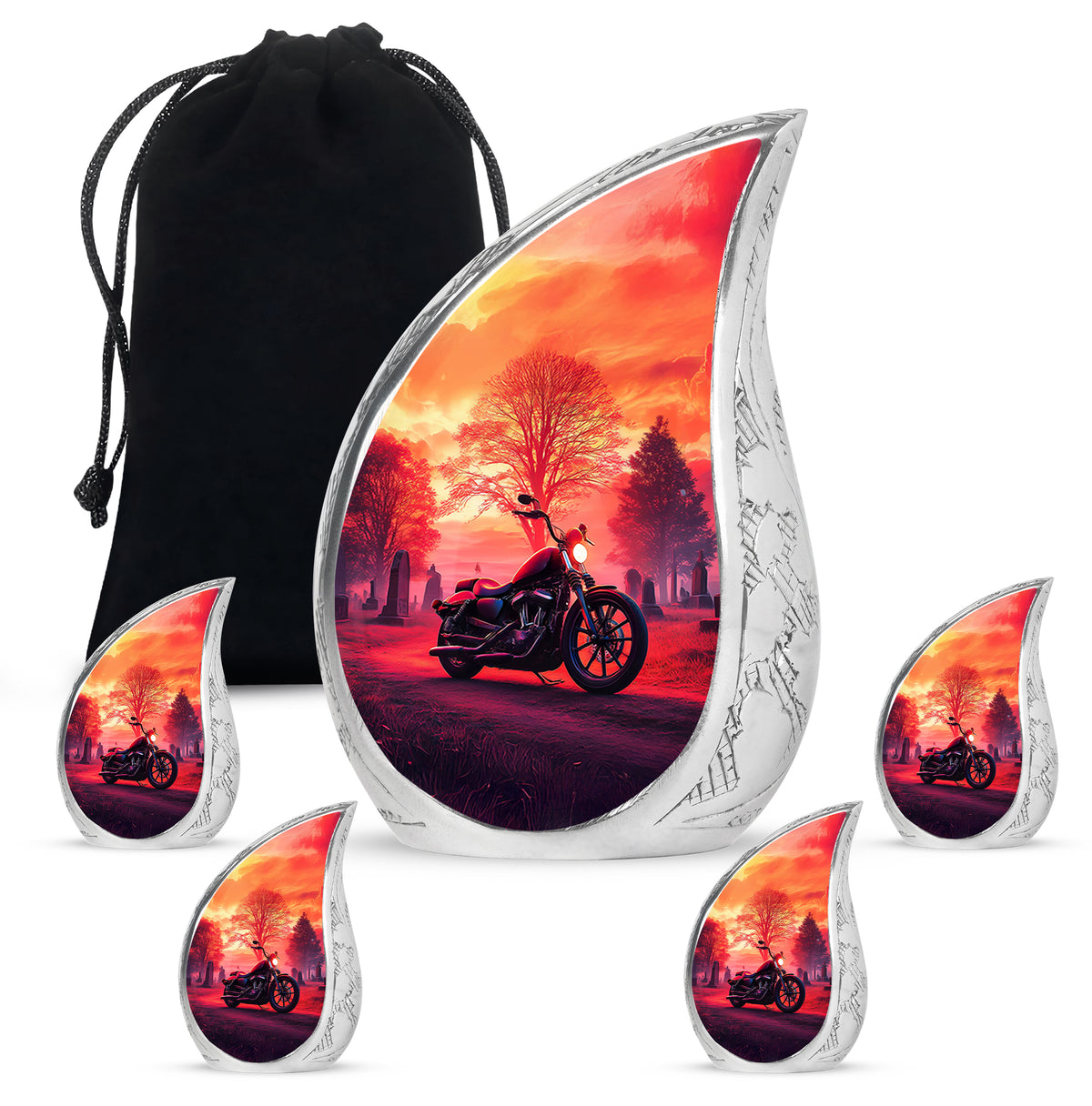 Wine Red Bike Cremation Urn side profile showing urn shape - flowing teardrop bike silhouette on curved aluminum - memorial set with one large and four small urns