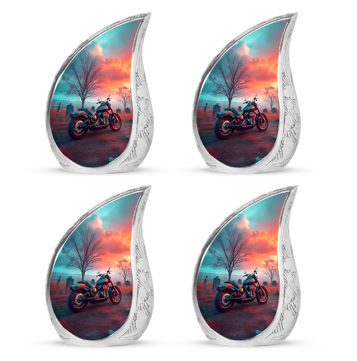 Sea Green Teal Bike Cremation Urn close-up of engraving and surface detail - flowing teardrop bike silhouette on curved aluminum - 10 inch aluminum urn for cremated remains