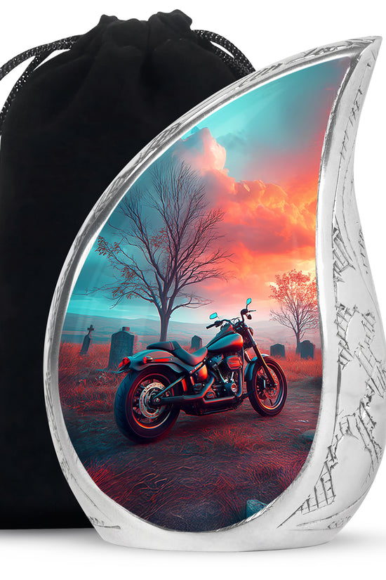 Vivid Teal Bike Cremation Urn front view showing detailed design - graceful tear-shaped urn with bike motif - full-size 10 inch 200 cubic inch adult cremation urn