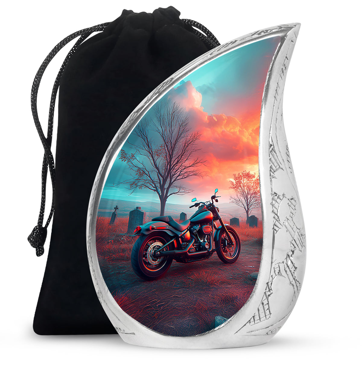 Vivid Teal Bike Cremation Urn front view showing detailed design - graceful tear-shaped urn with bike motif - full-size 10 inch 200 cubic inch adult cremation urn