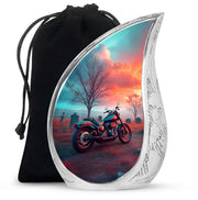Vivid Teal Bike Cremation Urn front view showing detailed design - graceful tear-shaped urn with bike motif - full-size 10 inch 200 cubic inch adult cremation urn