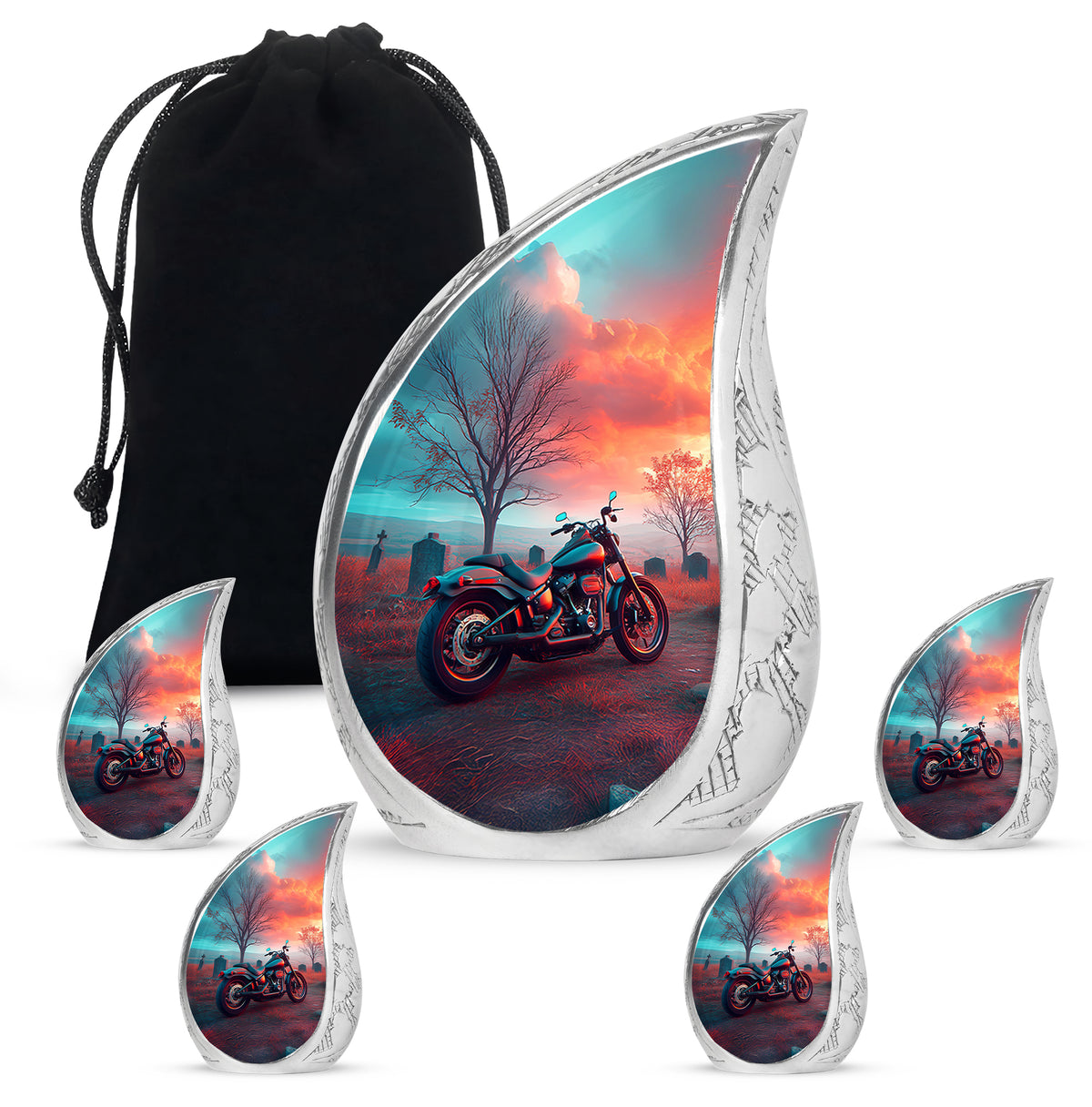 Aqua Teal Bike Cremation Urn side profile showing urn shape - smooth teardrop contour featuring bike art - memorial set with one large and four small urns