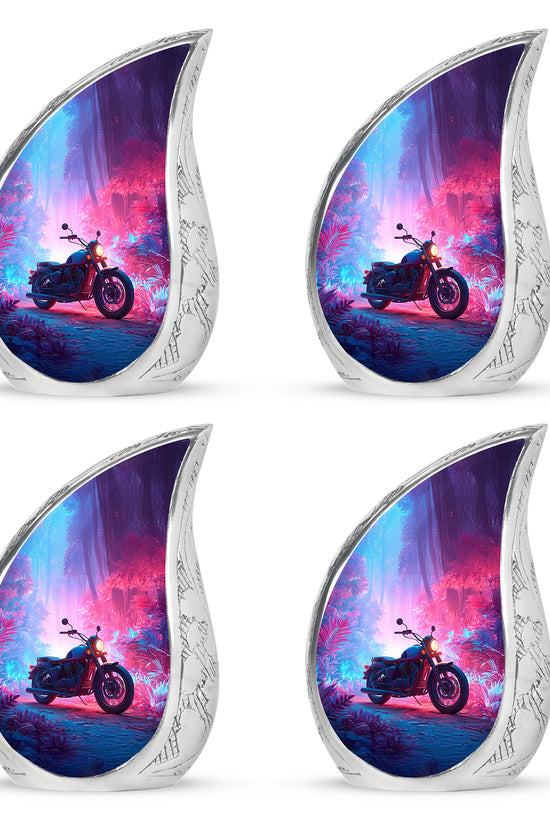 Misty Blue Bike Cremation Urn close-up of engraving and surface detail - flowing teardrop bike silhouette on curved aluminum - 10 inch aluminum urn for cremated remains