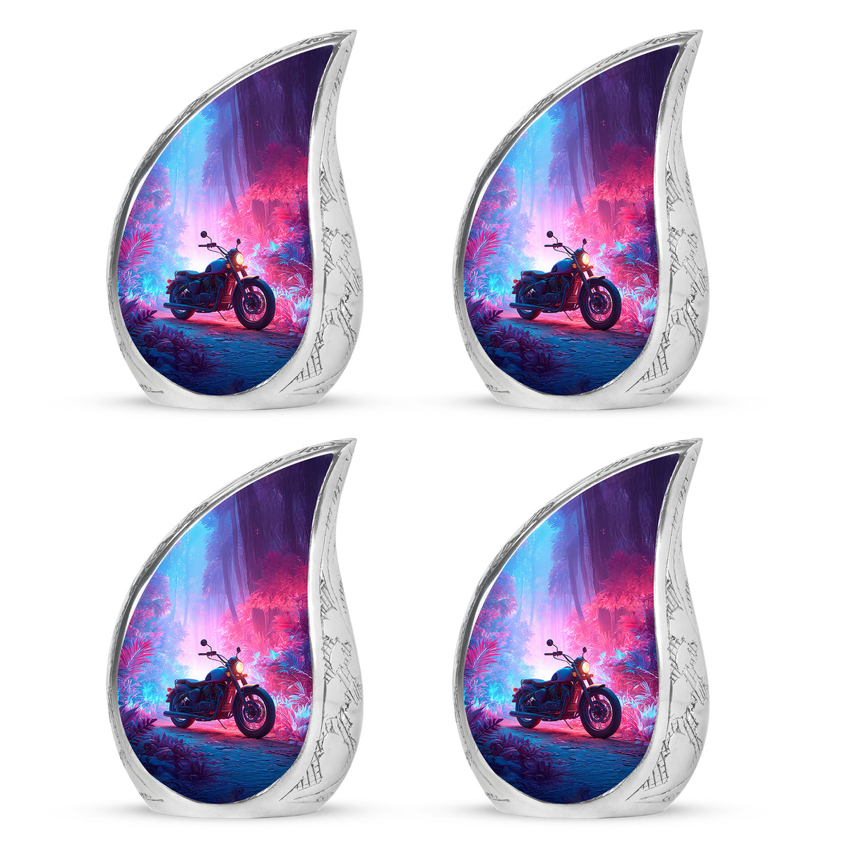 Misty Blue Bike Cremation Urn close-up of engraving and surface detail - flowing teardrop bike silhouette on curved aluminum - 10 inch aluminum urn for cremated remains