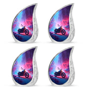 Misty Blue Bike Cremation Urn close-up of engraving and surface detail - flowing teardrop bike silhouette on curved aluminum - 10 inch aluminum urn for cremated remains