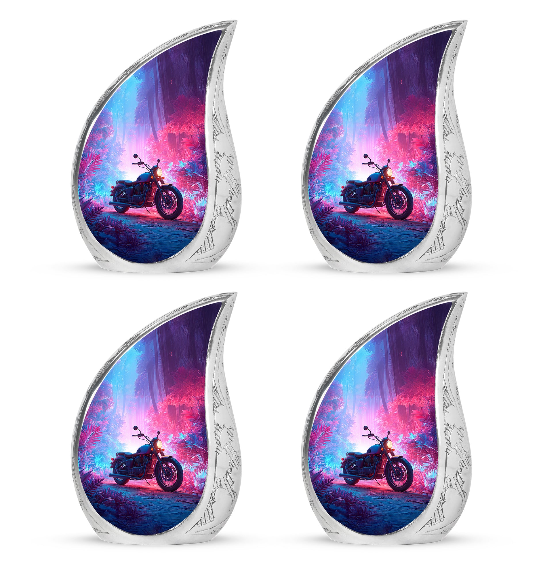 Misty Blue Bike Cremation Urn close-up of engraving and surface detail - flowing teardrop bike silhouette on curved aluminum - 10 inch aluminum urn for cremated remains