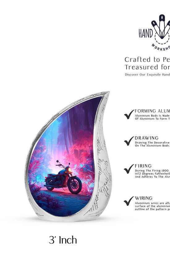 Slate Blue Bike Cremation Urn angled view of lid and engraved motif - flowing teardrop bike silhouette on curved aluminum - mini keepsake memorial for portion of cremation ashes