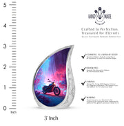 Slate Blue Bike Cremation Urn angled view of lid and engraved motif - flowing teardrop bike silhouette on curved aluminum - mini keepsake memorial for portion of cremation ashes