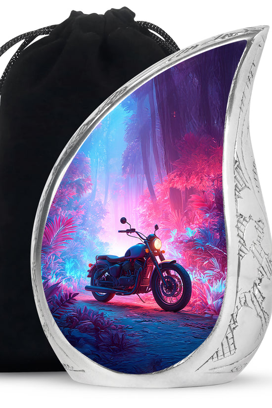 Cobalt Blue Bike Cremation Urn front view showing detailed design - graceful tear-shaped urn with bike motif - full-size 10 inch 200 cubic inch adult cremation urn