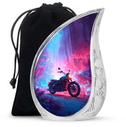 Cobalt Blue Bike Cremation Urn front view showing detailed design - graceful tear-shaped urn with bike motif - full-size 10 inch 200 cubic inch adult cremation urn