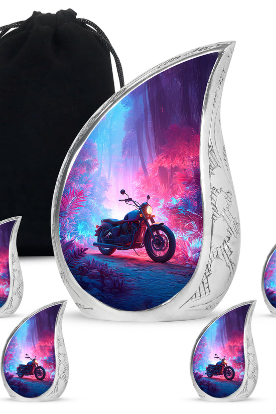 Misty Blue Bike Cremation Urn side profile showing urn shape - rounded teardrop bike design with delicate detail - memorial set with one large and four small urns