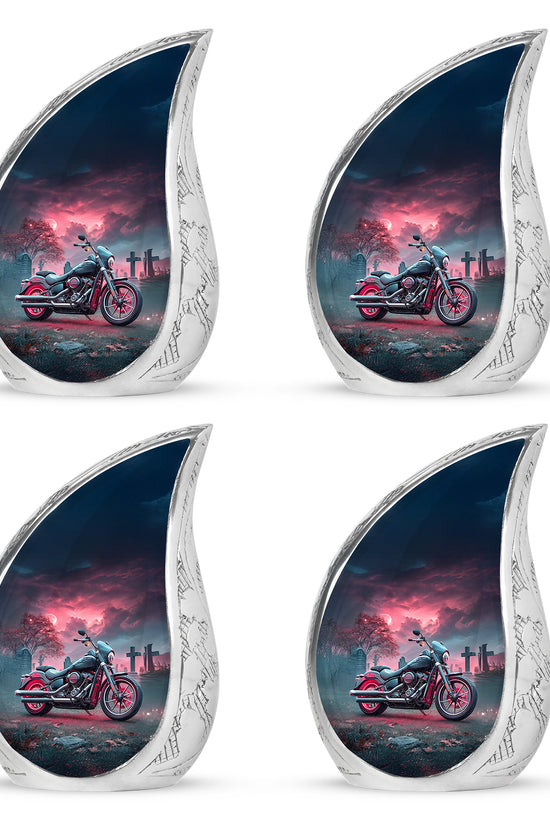 Vivid Blue Bike Cremation Urn close-up of engraving and surface detail - graceful tear-shaped urn with bike motif - 10 inch aluminum urn for cremated remains