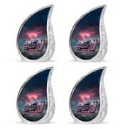 Vivid Blue Bike Cremation Urn close-up of engraving and surface detail - graceful tear-shaped urn with bike motif - 10 inch aluminum urn for cremated remains