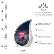 Royal Blue Bike Cremation Urn angled view of lid and engraved motif - smooth teardrop contour featuring bike art - mini keepsake memorial for portion of cremation ashes