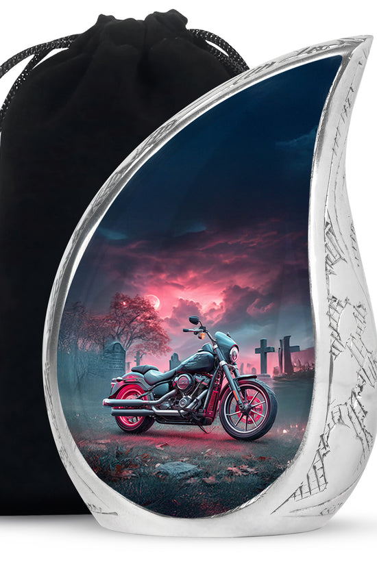 Serene Blue Bike Cremation Urn front view showing detailed design - smooth teardrop contour featuring bike art - full-size 10 inch 200 cubic inch adult cremation urn