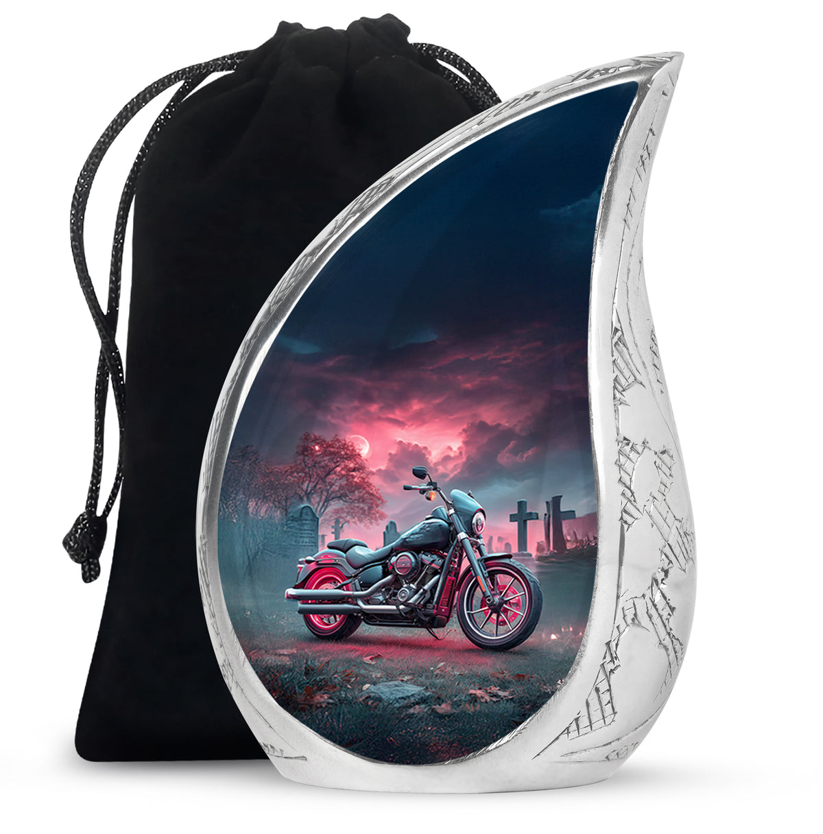 Serene Blue Bike Cremation Urn front view showing detailed design - smooth teardrop contour featuring bike art - full-size 10 inch 200 cubic inch adult cremation urn