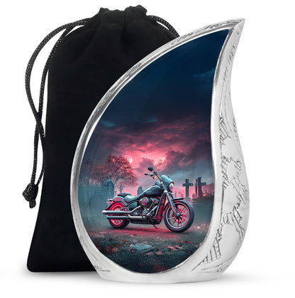 Serene Blue Bike Cremation Urn front view showing detailed design - smooth teardrop contour featuring bike art - full-size 10 inch 200 cubic inch adult cremation urn