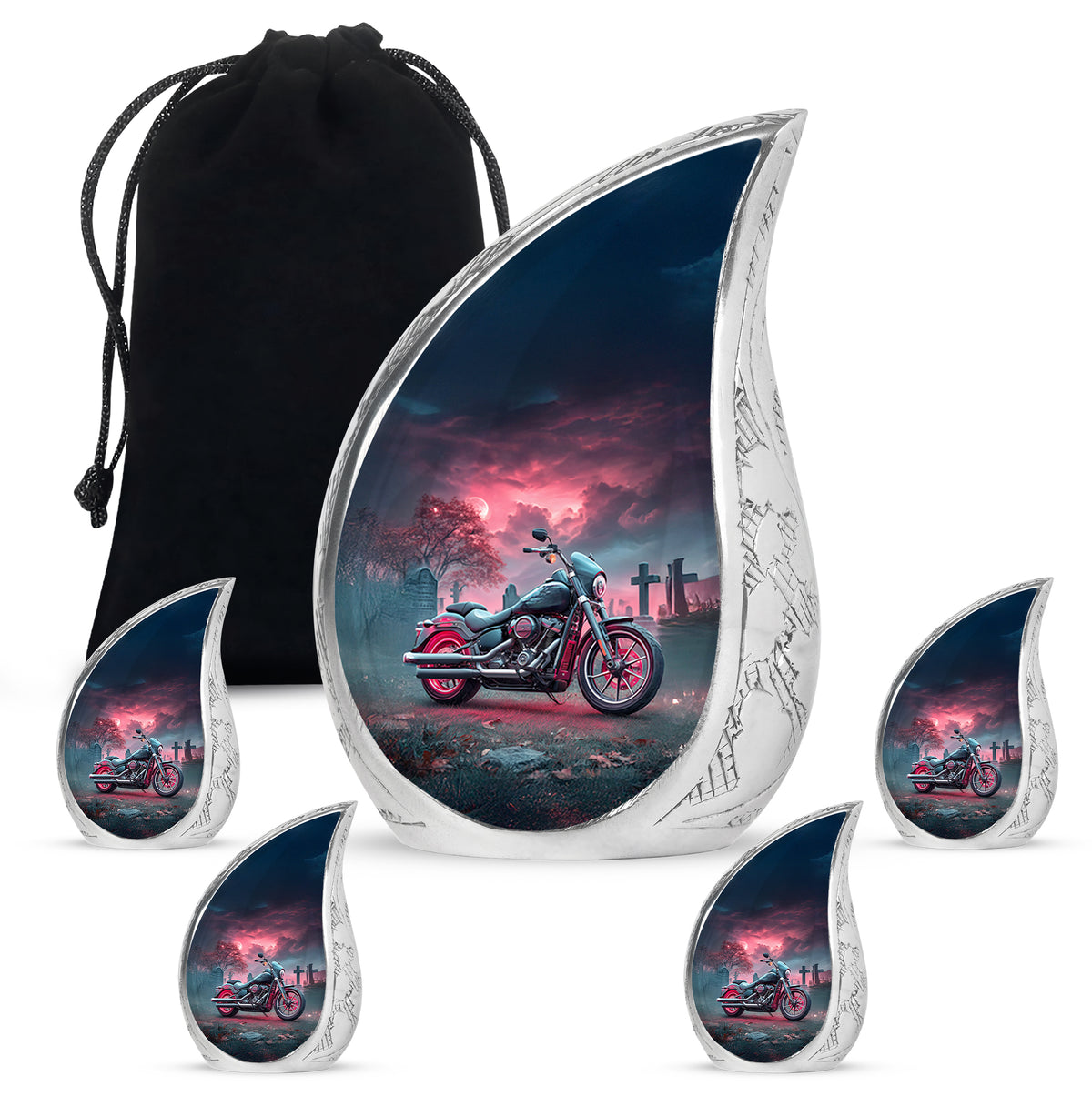 Bright Blue Bike Cremation Urn side profile showing urn shape - graceful tear-shaped urn with bike motif - memorial set with one large and four small urns