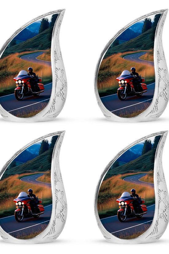Misty Blue Bike Cremation Urn close-up of engraving and surface detail - rounded teardrop bike design with delicate detail - 10 inch aluminum urn for cremated remains
