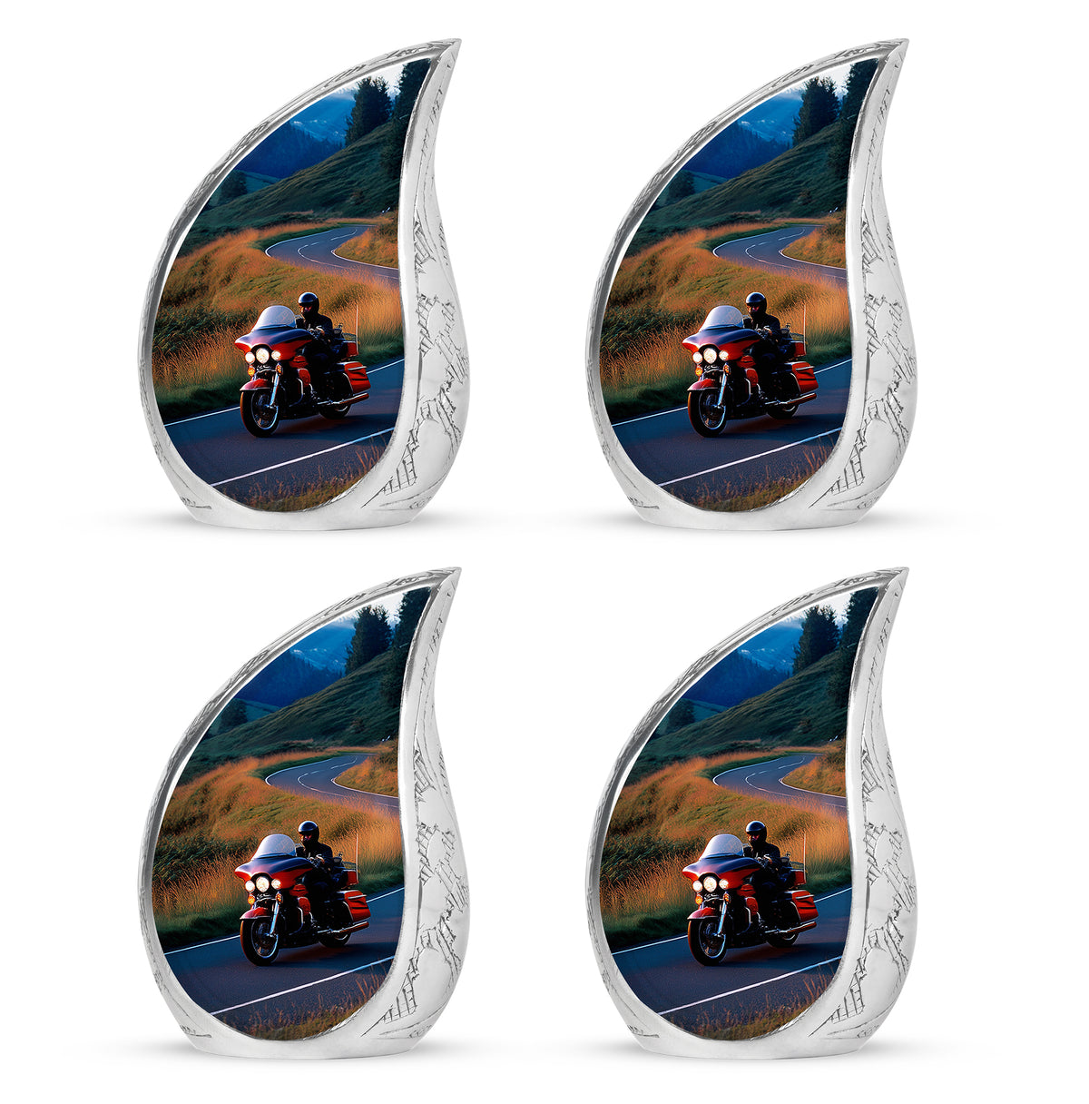 Misty Blue Bike Cremation Urn close-up of engraving and surface detail - rounded teardrop bike design with delicate detail - 10 inch aluminum urn for cremated remains