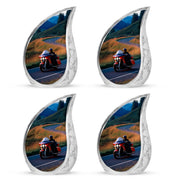 Misty Blue Bike Cremation Urn close-up of engraving and surface detail - rounded teardrop bike design with delicate detail - 10 inch aluminum urn for cremated remains