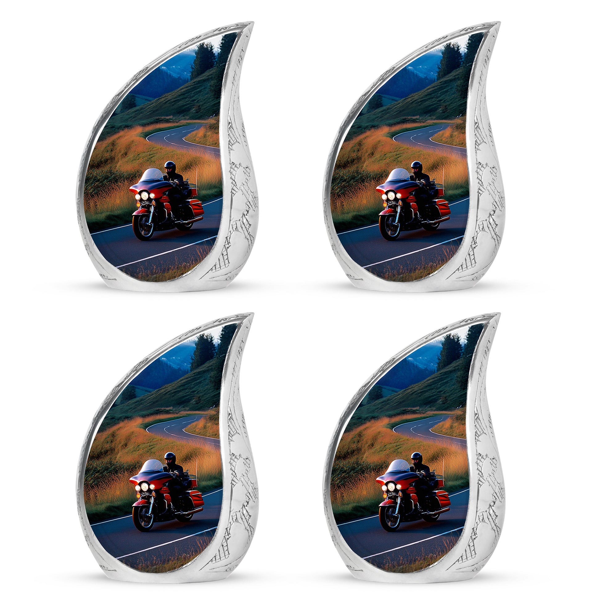 Misty Blue Bike Cremation Urn close-up of engraving and surface detail - rounded teardrop bike design with delicate detail - 10 inch aluminum urn for cremated remains