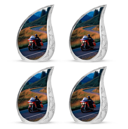 Misty Blue Bike Cremation Urn close-up of engraving and surface detail - rounded teardrop bike design with delicate detail - 10 inch aluminum urn for cremated remains