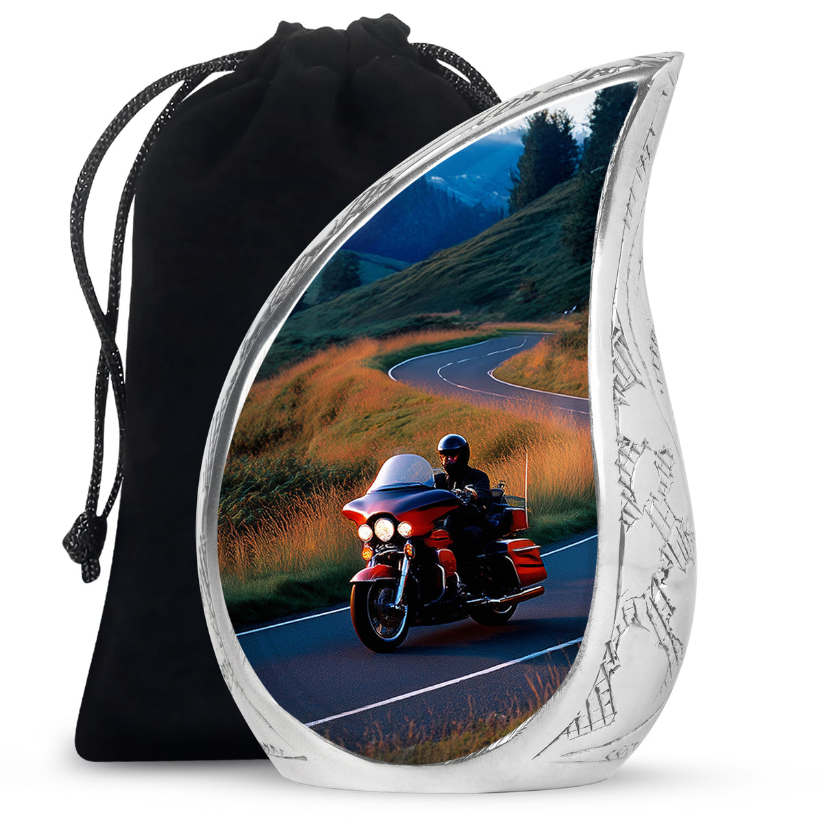 Calming Blue Bike Cremation Urn front view showing detailed design - graceful tear-shaped urn with bike motif - full-size 10 inch 200 cubic inch adult cremation urn