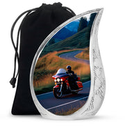 Calming Blue Bike Cremation Urn front view showing detailed design - graceful tear-shaped urn with bike motif - full-size 10 inch 200 cubic inch adult cremation urn