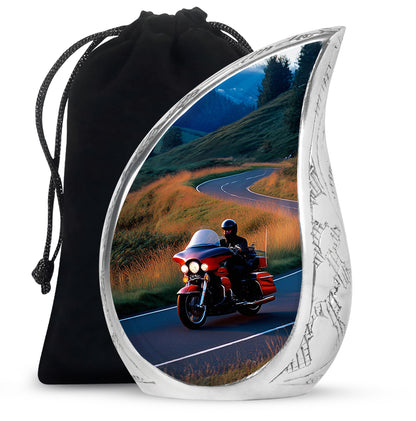 Calming Blue Bike Cremation Urn front view showing detailed design - graceful tear-shaped urn with bike motif - full-size 10 inch 200 cubic inch adult cremation urn